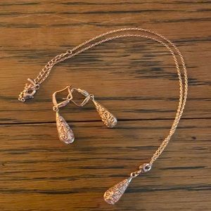 Rose gold plated filigree necklace and French hook drop earrings set